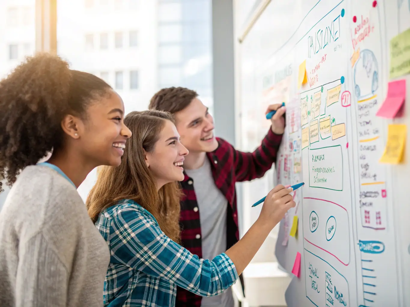 A vibrant image of young people participating in a Bridges To Destiny leadership workshop, collaborating on a project with laptops and engaging in a brainstorming session with sticky notes on a whiteboard, showcasing the dynamic learning environment.