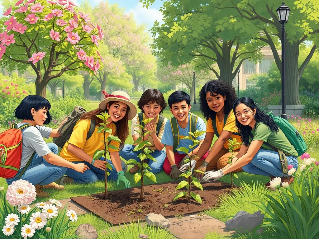 A photograph capturing Bridges To Destiny volunteers working on a community initiative, planting trees in a local park, cleaning up a neighborhood, and engaging with community members.